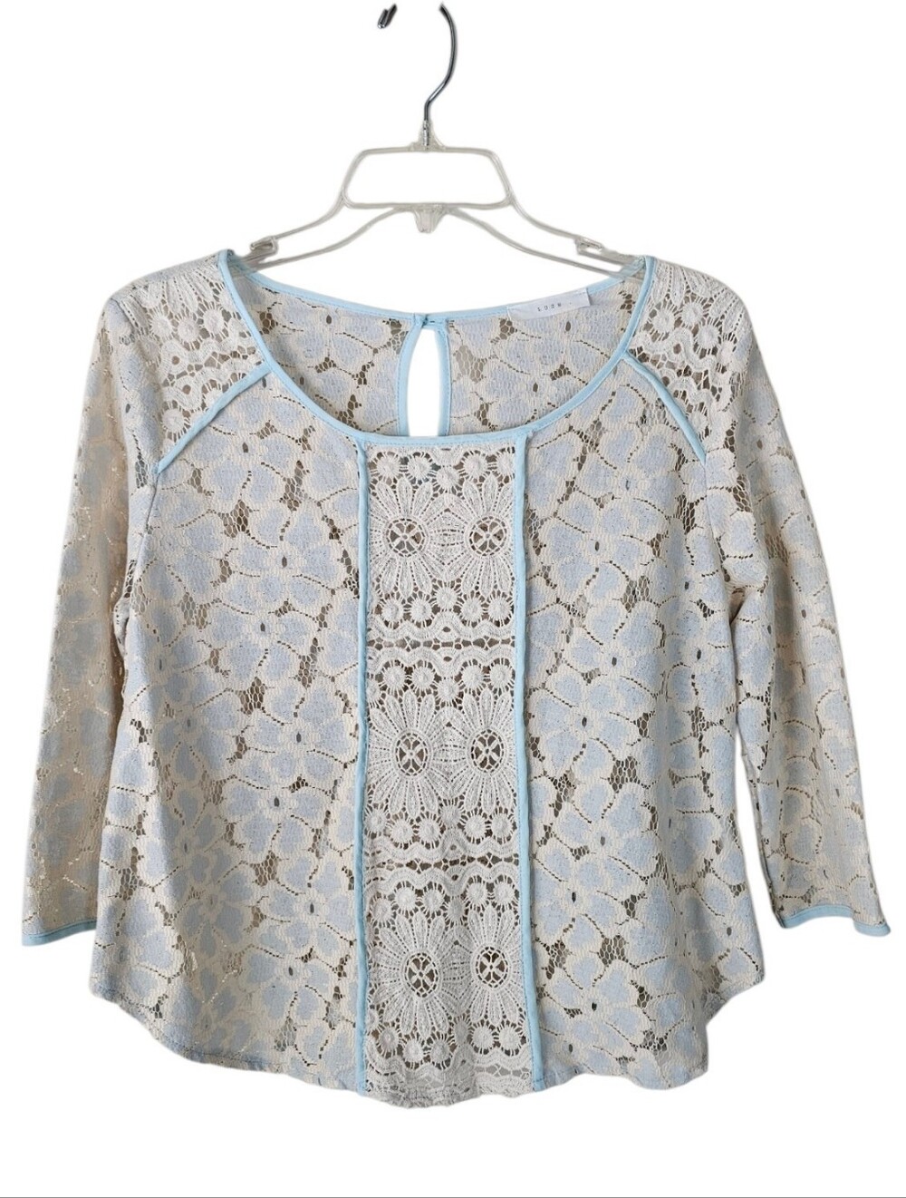 Lush Light Blue and Cream Lace Overlay Blouse